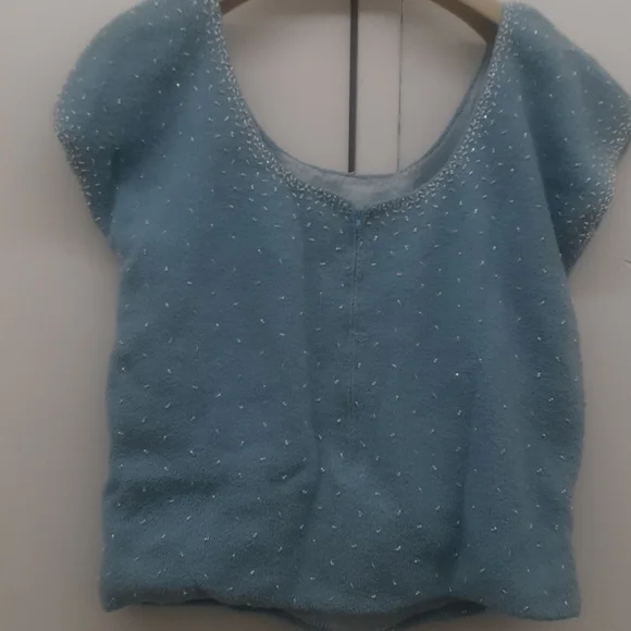 Vintage 1950's/60's BLUE WOOL KNIT Pearl Beaded Sweater Blouse Top - Picture 3 of 10